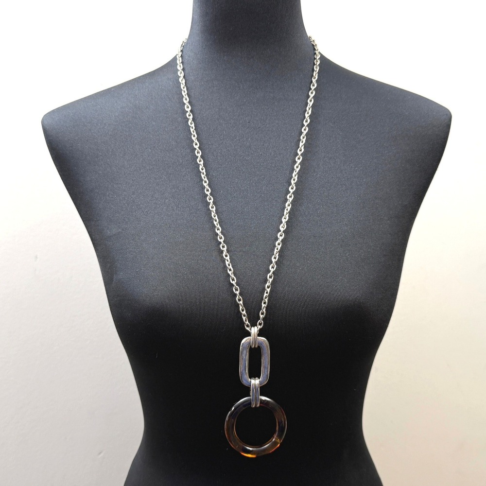 Long Pendant Necklace Acrylic Tortoise Accent Silver Tone Chain Jewelry 18.5 in